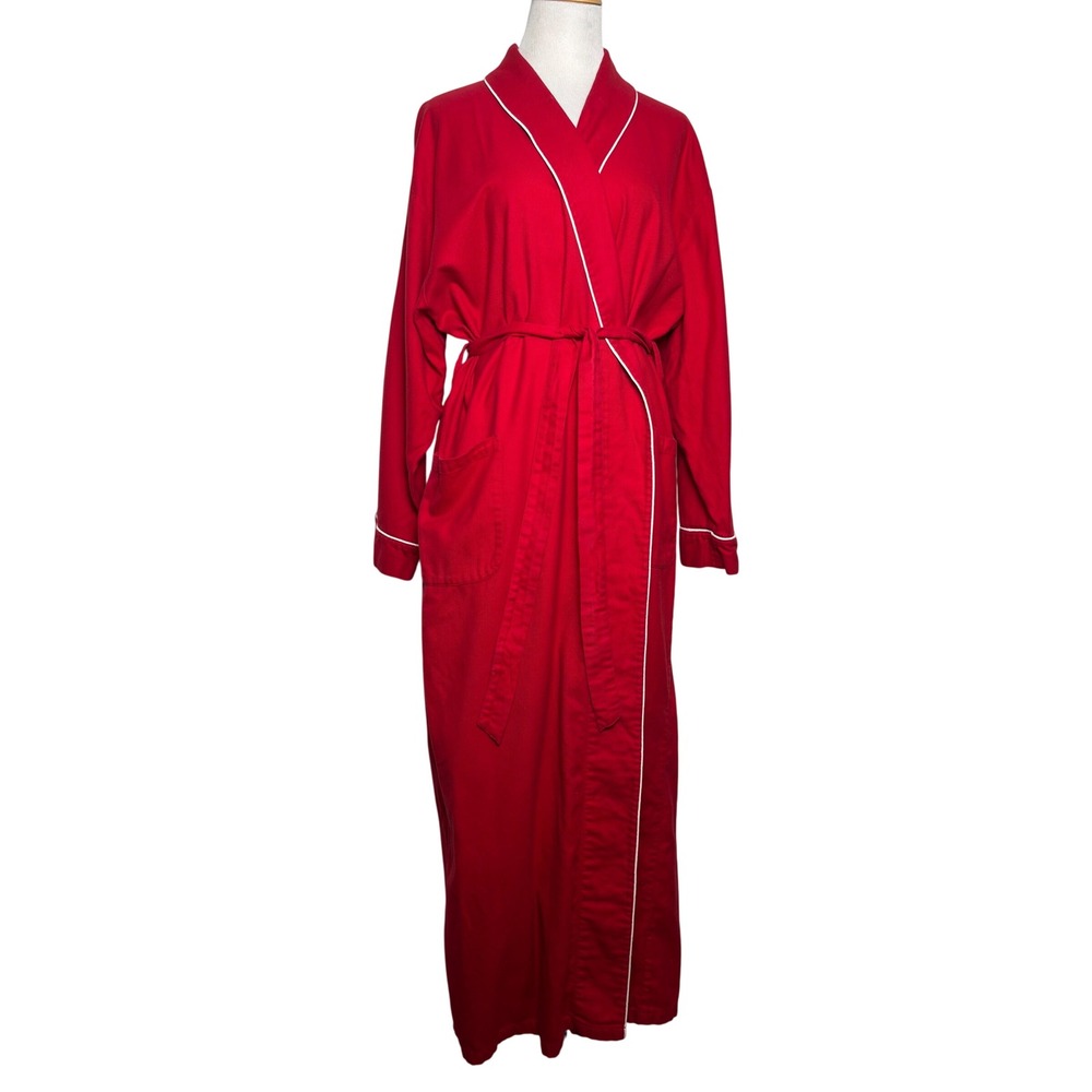 L.L.Bean Womens Cotton Flannel Robe Large Red Classic Full Length Cozy Lounge